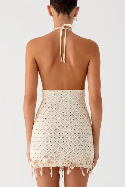 Fashionable Openwork Knit Halter Neck Backless Shell Embellished Vacation Cover-up Mini Dress
