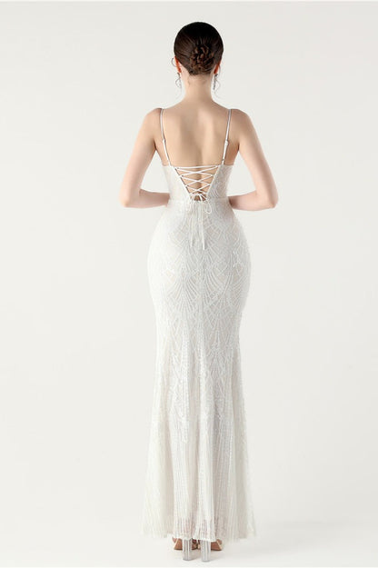 | Sequin V Neck Cross Strap Maxi Dress
