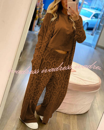 Comfort first Leopard Print Pocket Long Sleeve Cardigan Elastic Waist Pants Set