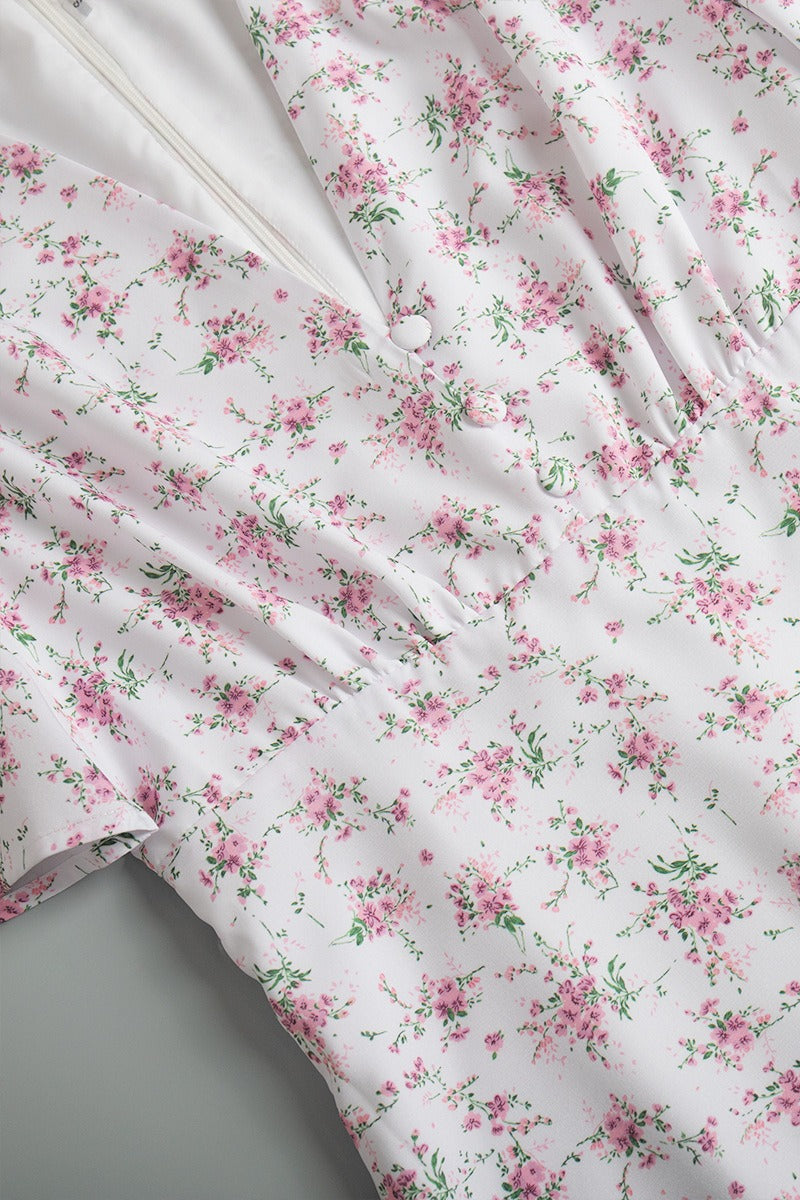 Ditsy Floral Deep V Button Placket Butterfly Sleeve Empire Waist Maxi Dress