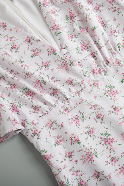 Ditsy Floral Deep V Button Placket Butterfly Sleeve Empire Waist Maxi Dress