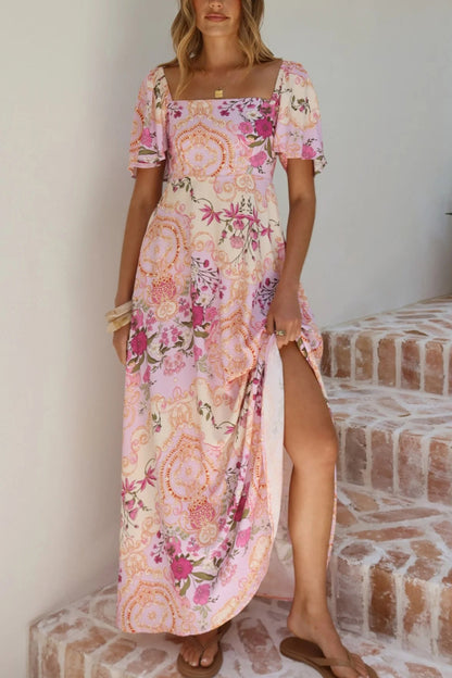 Plant Print Short-sleeved Square Neck Casual Pocket Holiday Midi Dress