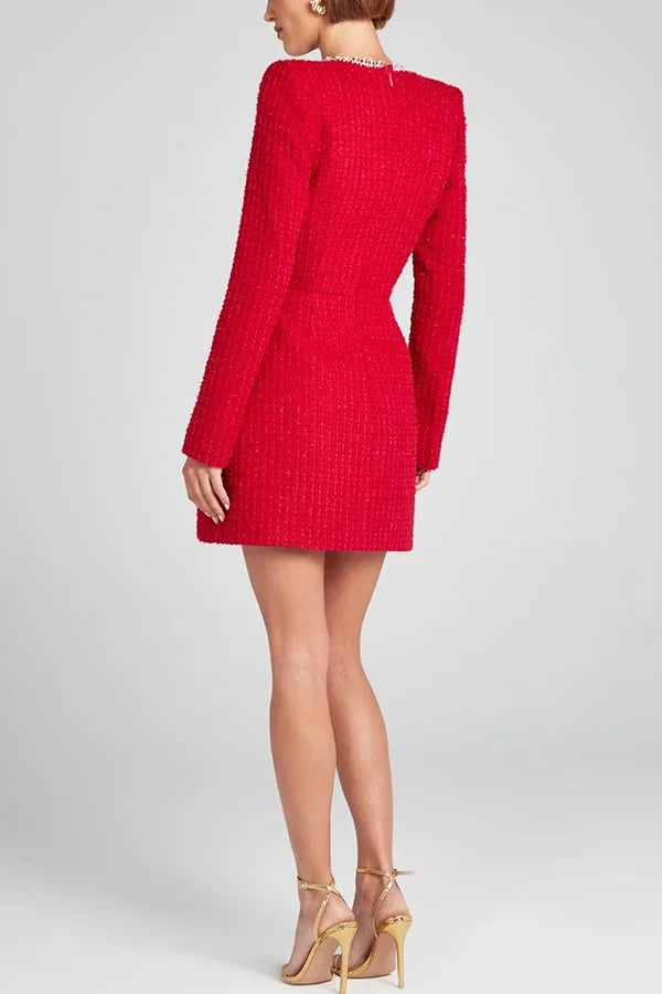 Tweed Square Neck Pearl Trim Long Sleeve Mini Dress