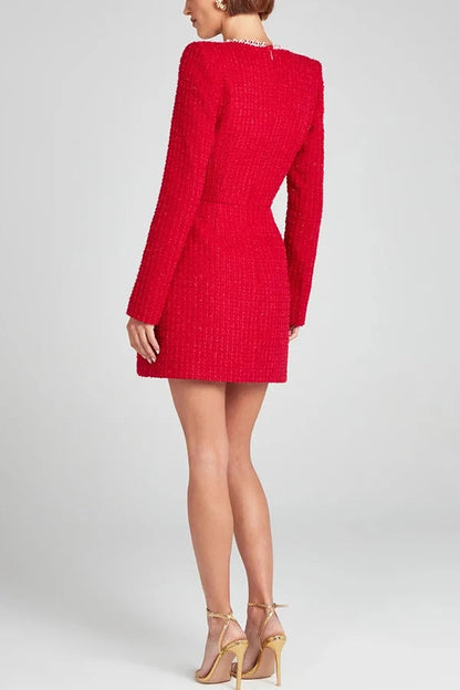 Tweed Square Neck Pearl Trim Long Sleeve Mini Dress