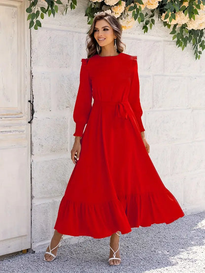 Crew Neck Smocked Cuff Tie-Waist Ruffle Hem Maxi Dress