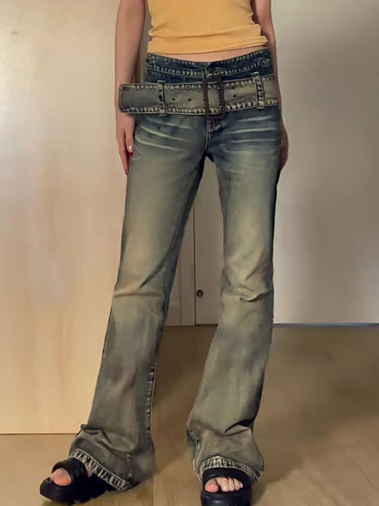 Washed Distressed Belted Flare Jeans