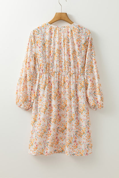 Ditsy Floral Print Surplice V-Neck Balloon Sleeve Empire Waist Mini Dress