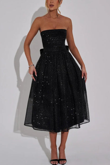 Glitter Mesh Strapless Ruched Fit-and-Flare Pocket Midi Dress