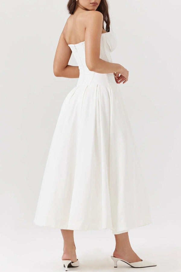 Strapless Corset Sweetheart Neckline Pleated Full Skirt Midi Dress