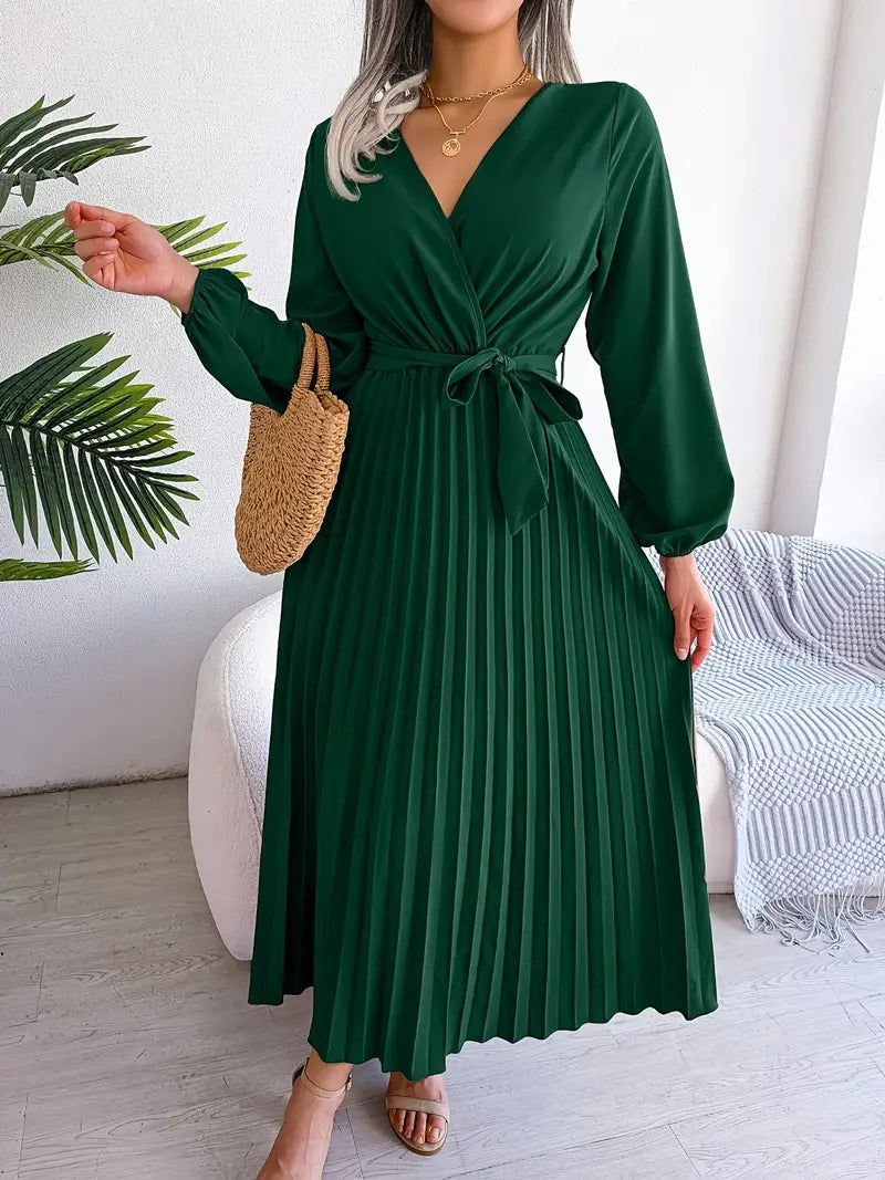 Bishop Sleeve Accordion-Pleated Wrap V-Neck Belted Maxi Dress