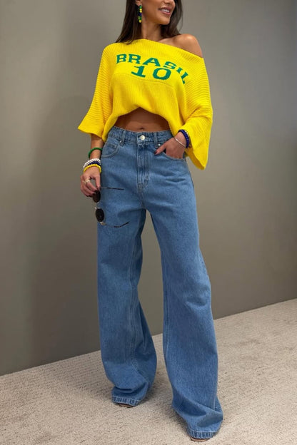 World Cup Letter Jacquard Loose-fitting Sloping Shoulders Cropped Knit Top