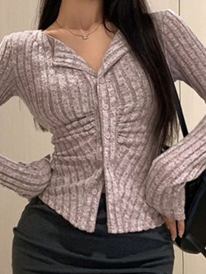 Lapel Neck Ruched Slim Long Sleeve Knit