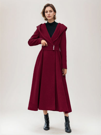 Flared Woolen Coat For Woman Hooded Gray Belted A-line Winter Long Outerwear 2026