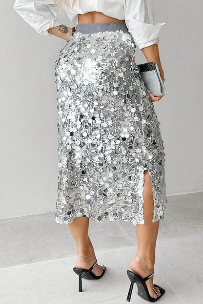 Solid Sequin High Waist Midi Skirt
