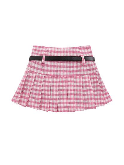 Plaid Pleated With Star Belt Mini Skirts