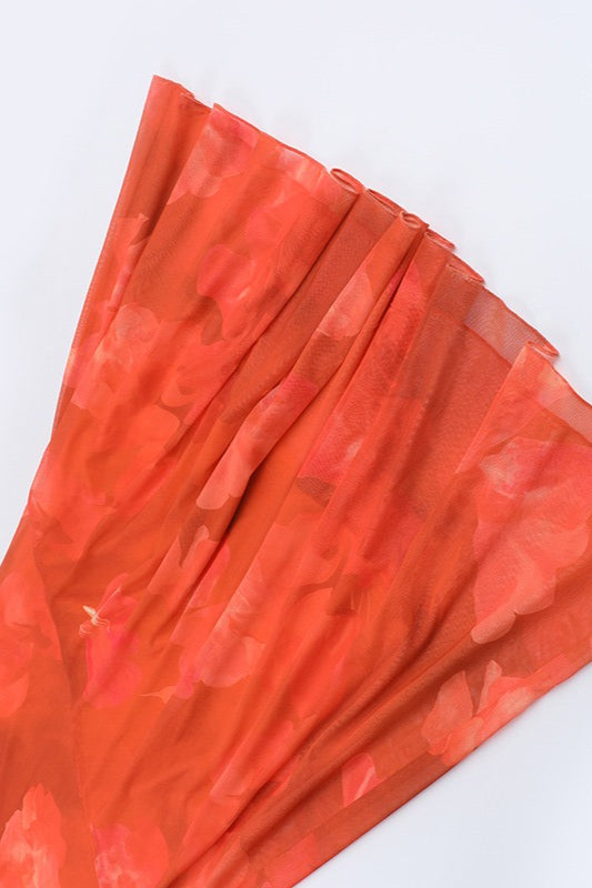 Strapless Tropical Floral Mesh Ruched Neck Scarf Detail Mermaid Maxi Dress