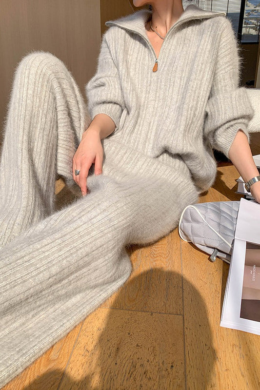 Half Zip Polo Sweater Wide Pants Knit Set