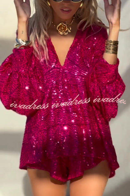 Fashion Sequin V-neck Long Sleeve Loose Top and Elastic Waist Casual Shorts Set