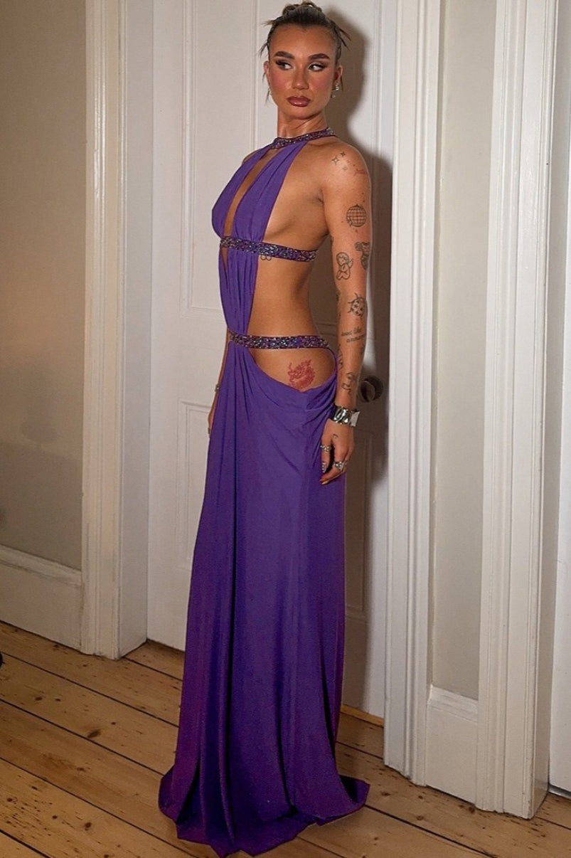 | Cutout Backless Maxi Dress in Rhinestone