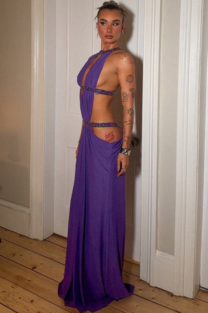| Cutout Backless Maxi Dress in Rhinestone