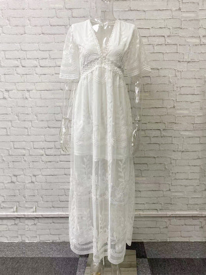 White Lace Boho Maxi Dress for Women - V Neck Short Sleeve Sheer Long Dress - Summer Beach Bridal Resort Wear 2026