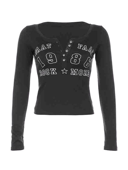 Number Letter Print Breasted Slim Long Sleeve Tee