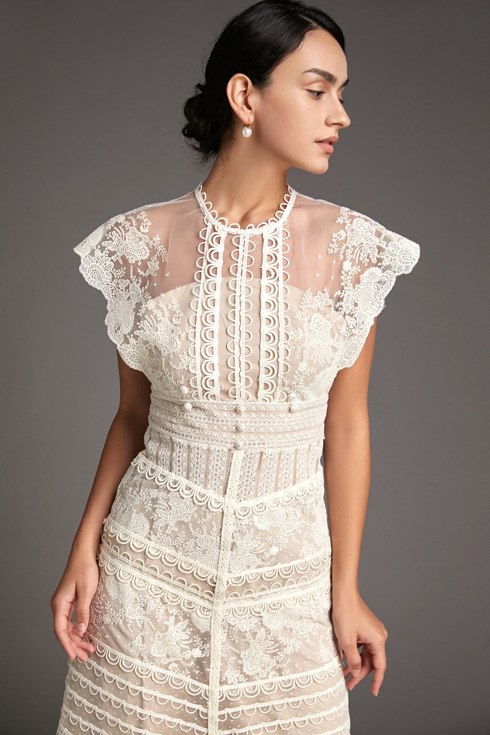 High Neck Lace Yoke Cap Sleeve Button Front Tiered Lace Midi Dress