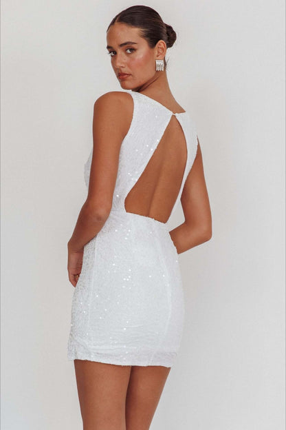 Boat Neck Sleeveless Sequin Side Slit Bodycon Mini Dress