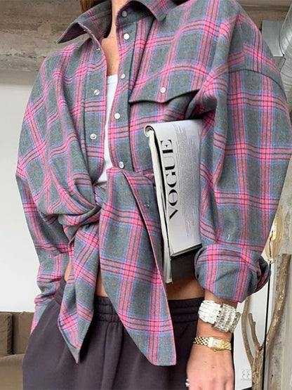 Vintage Plaid Print Long Sleeve Blouse