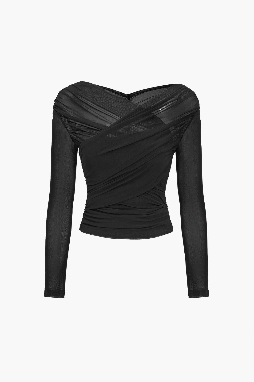 The Michelle — Ruched Mesh Top with Crossover Neckline