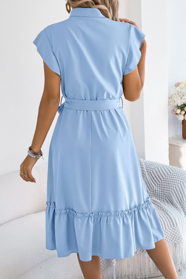 Solid Color Stand Collar Button Waist Tie Casual Midi Dress