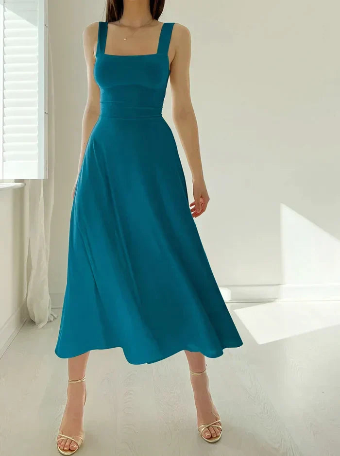 Square Neck Wide Strap A-Line Midi Dress