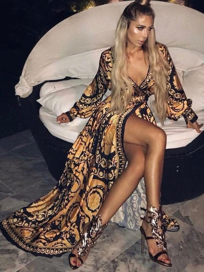 Boho Maxi Dresses Long Sleeves Printed V-Neck Slit Long Dress For Women