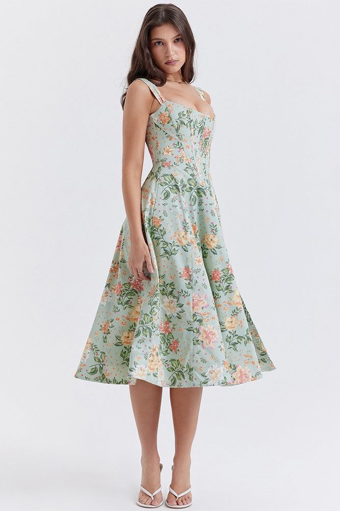 Thick Strap Sweetheart Corset Bodice Ditsy Floral Print A-Line Midi Dress