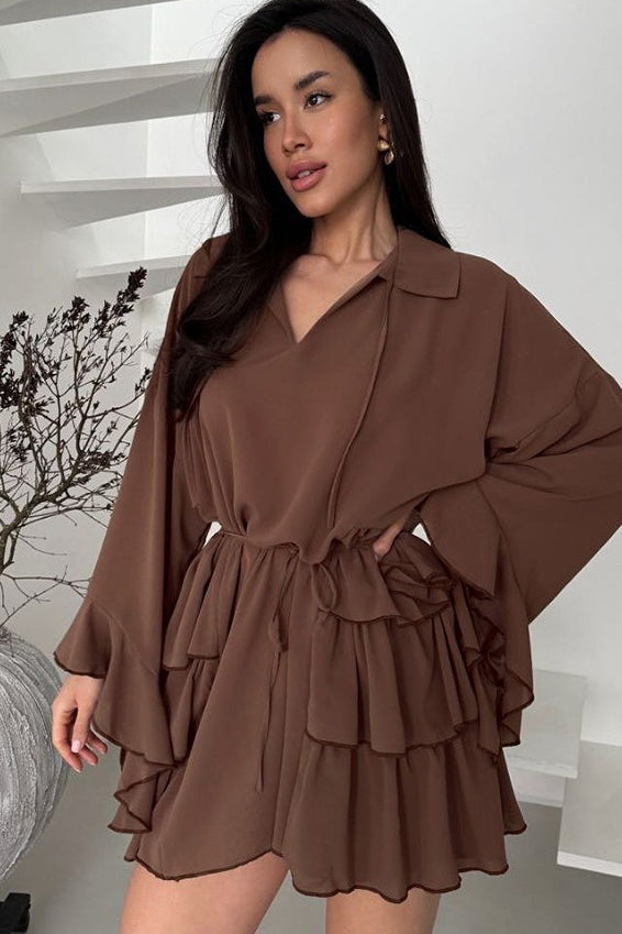 Point Collar V Neck Wide Bell Sleeve Drawstring Waist Tiered Ruffle Mini Dress