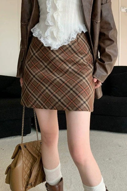 Tweed Plaid Vintage High Waist Fitted Short Skirt