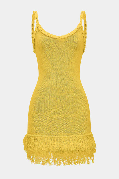 Solid Color Cable Camisole Slim Fit Tassel Knit Mini Dress
