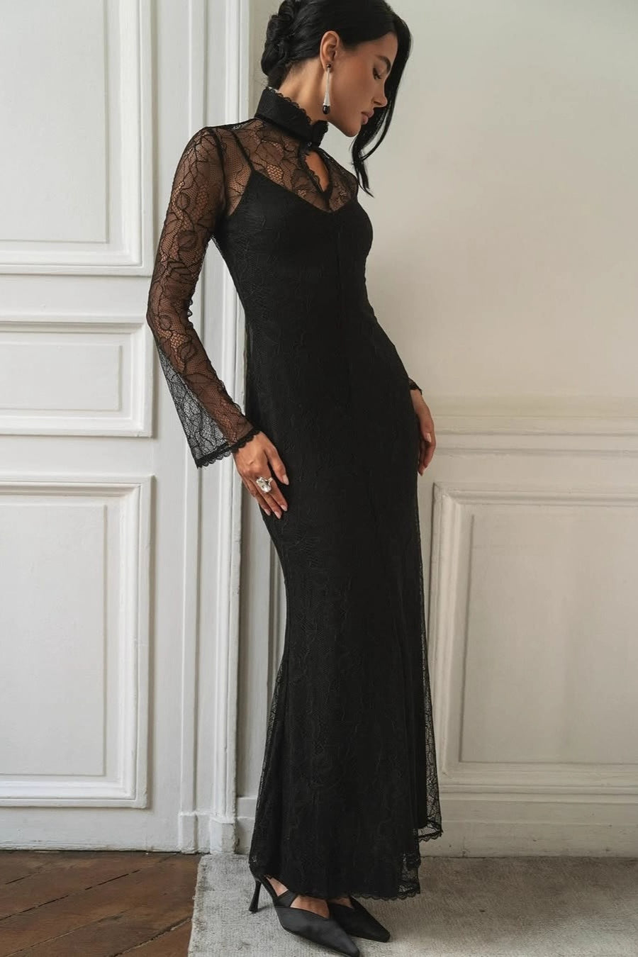 | Lace Patchwork Fitted Cutout Maxi Dress
