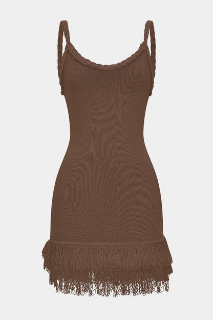 Solid Color Cable Camisole Slim Fit Tassel Knit Mini Dress
