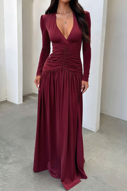 | Deep V Ruched Long Sleeve Slit Fitted Waist Maxi Dress