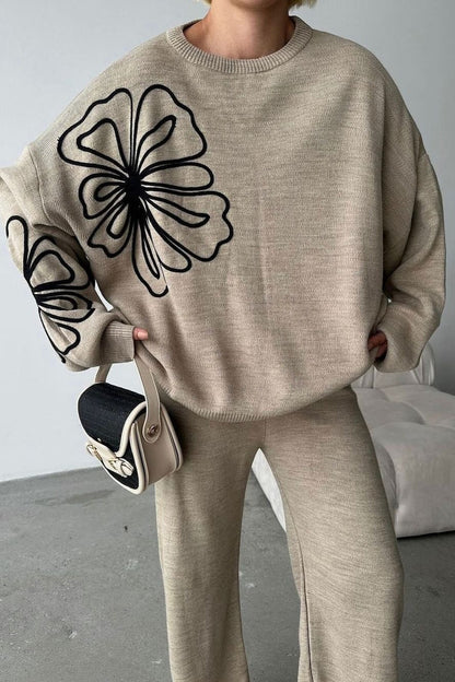 Casual Round Neck Knit Sweater with Pants Two Piece Set