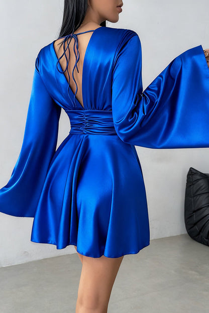 Solid Color V-neck Flared Long Sleeves Slim-fit Elegant Mini Dress