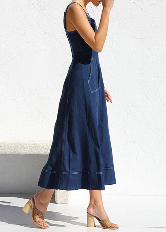 Denim Sweetheart Neck Button Front Patch Pocket A-Line Midi Dress