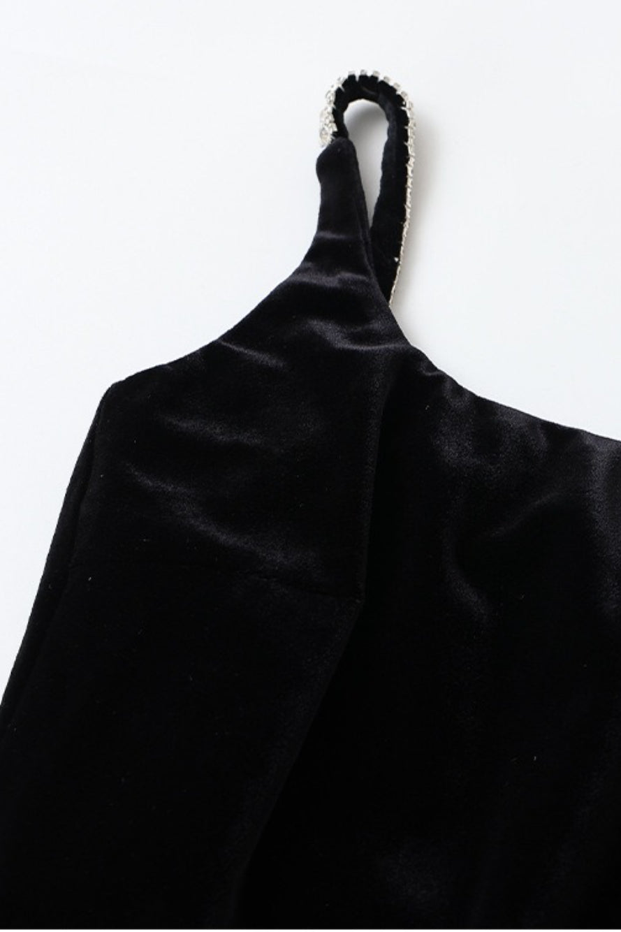 Square Neck Rhinestone Strap Velvet Mermaid Maxi Dress