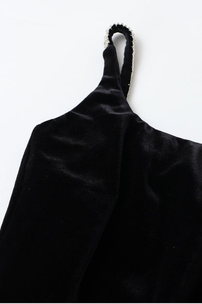 Square Neck Rhinestone Strap Velvet Mermaid Maxi Dress