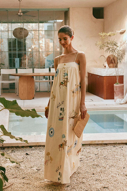 | Linen Maxi Dress with Spaghetti Straps
