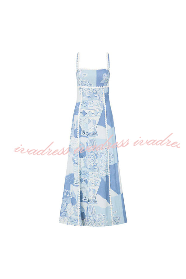 Terazza Ric Rac Trims Unique Print Back Tie-up Slip Flared Maxi Dress