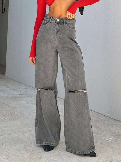 Gray Wash Ripped High Rise Boyfriend Jeans