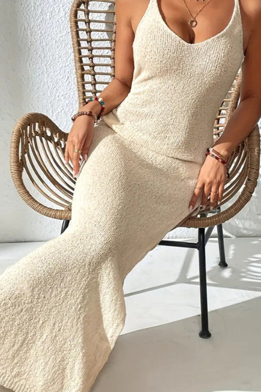 Hollow Out Sheer Split Cami Knit Sweater Dress