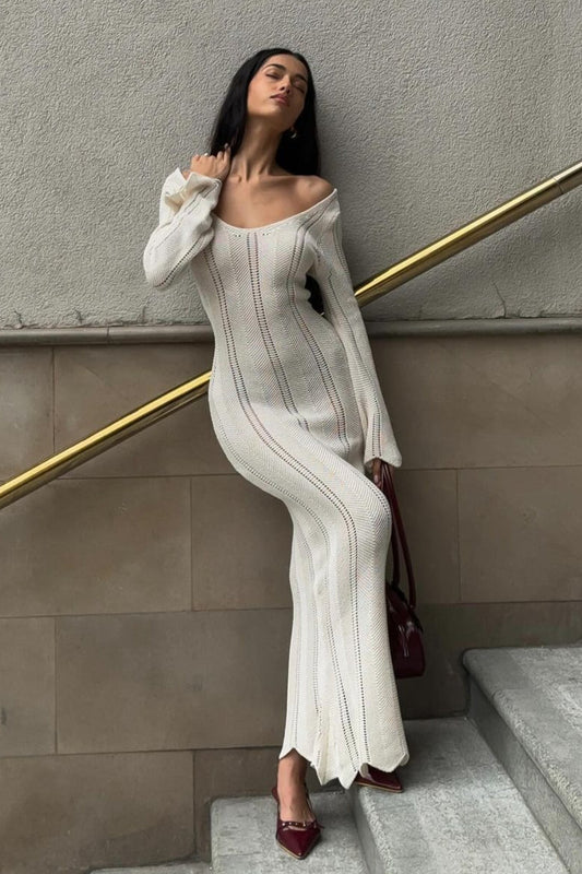| U Neck Knit Flare Sleeve Sheer Cutout Bodycon Maxi Dress